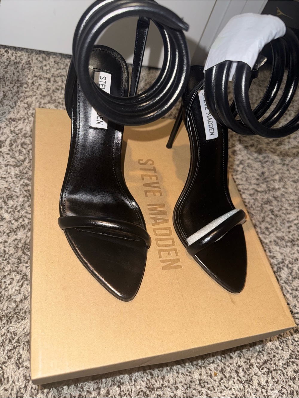 Steve Madden Black Spiral Ankle-Wrap Stiletto Sandals